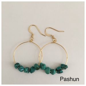 Turquoise Stone on Gold Hoop Earrings (#1536)